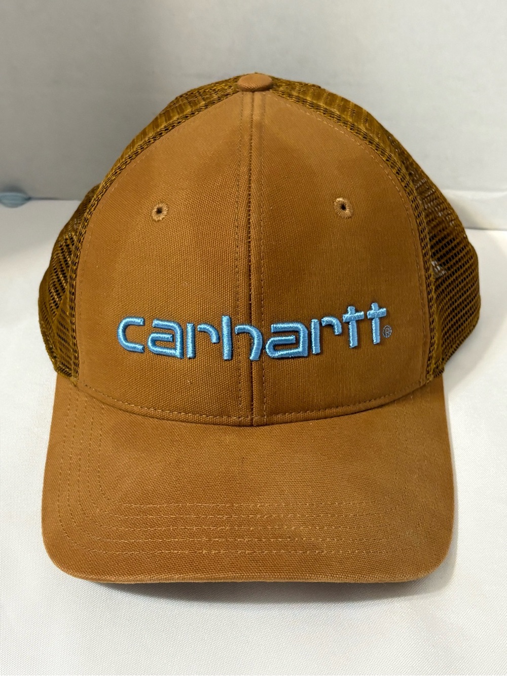 Carhartt Men's Canvas Mesh Back Logo Graphic Cap brown blue embroidered logo